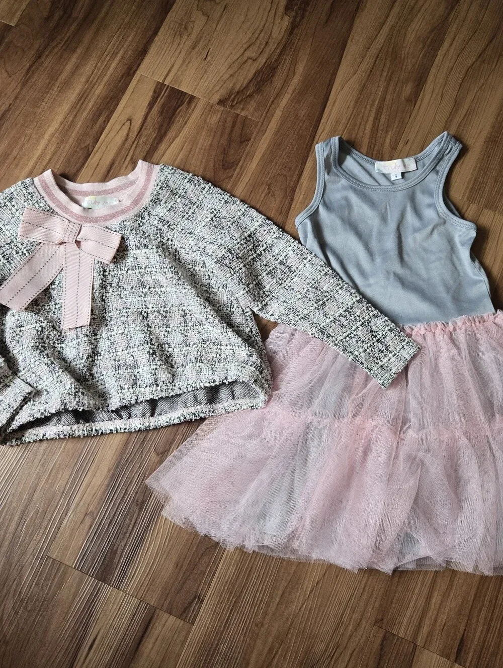 Little girl 4 EUC Truly Me Pink ruffle dress with tweed sweater cover